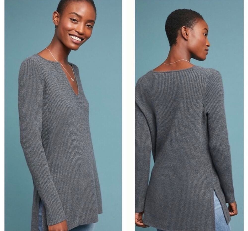 ✨2/$30✨ Anthropologie Ett Twa Amrita Gray Ribbed Notch Neck Tunic Sweater Medium - Picture 1 of 8
